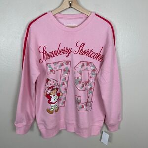 Strawberry Shortcake Womens S Sweatshirt Pink Graphic Racing Stripe Pullover NEW